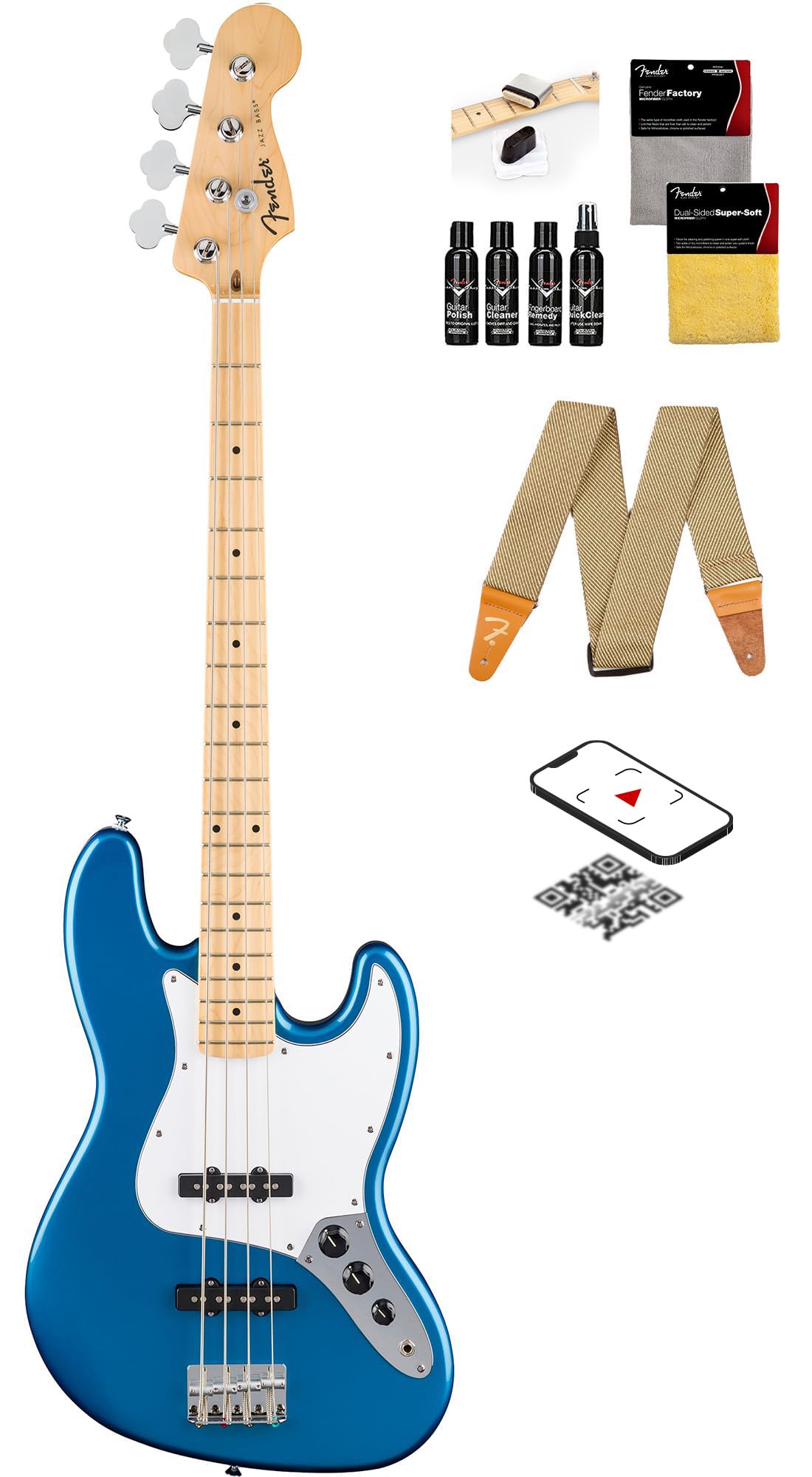 Fender Standard Jazz Bass - Olympic White Bundle with Strap, Guitar Cleaning Kit and Austin Bazaar Instructional Video