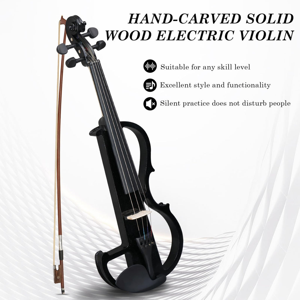 Ktaxon Full Size Electric Violin, 4/4 Acoustic Silent Electric Violin for Beginner Adults Teens with Ebony Fittings, Case, Bow, Headphone, Rosin and Extra String (Black)
