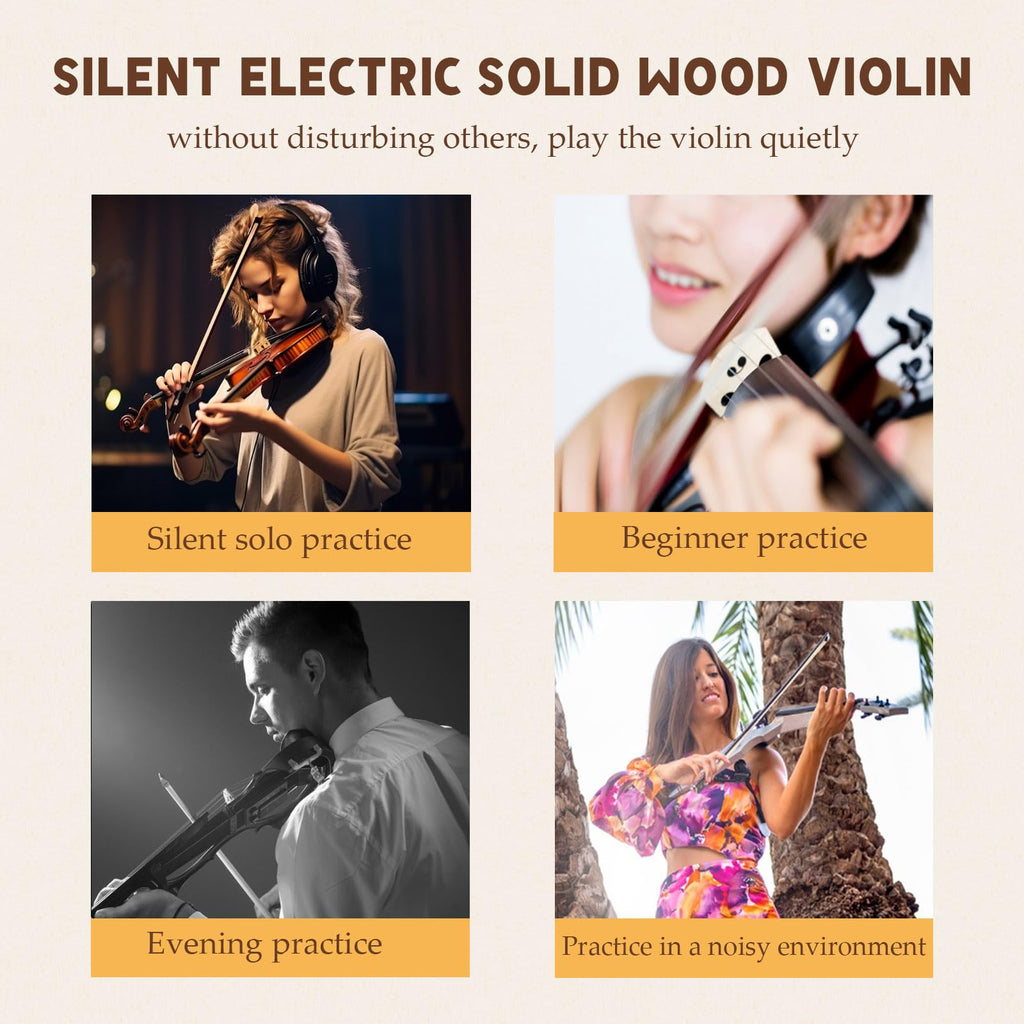 Electric Violin, 4/4 Full Size Solid Silent Fiddle with Ebony Fittings, Silent Electric Violin Kit for Beginner Students (Mahogany)