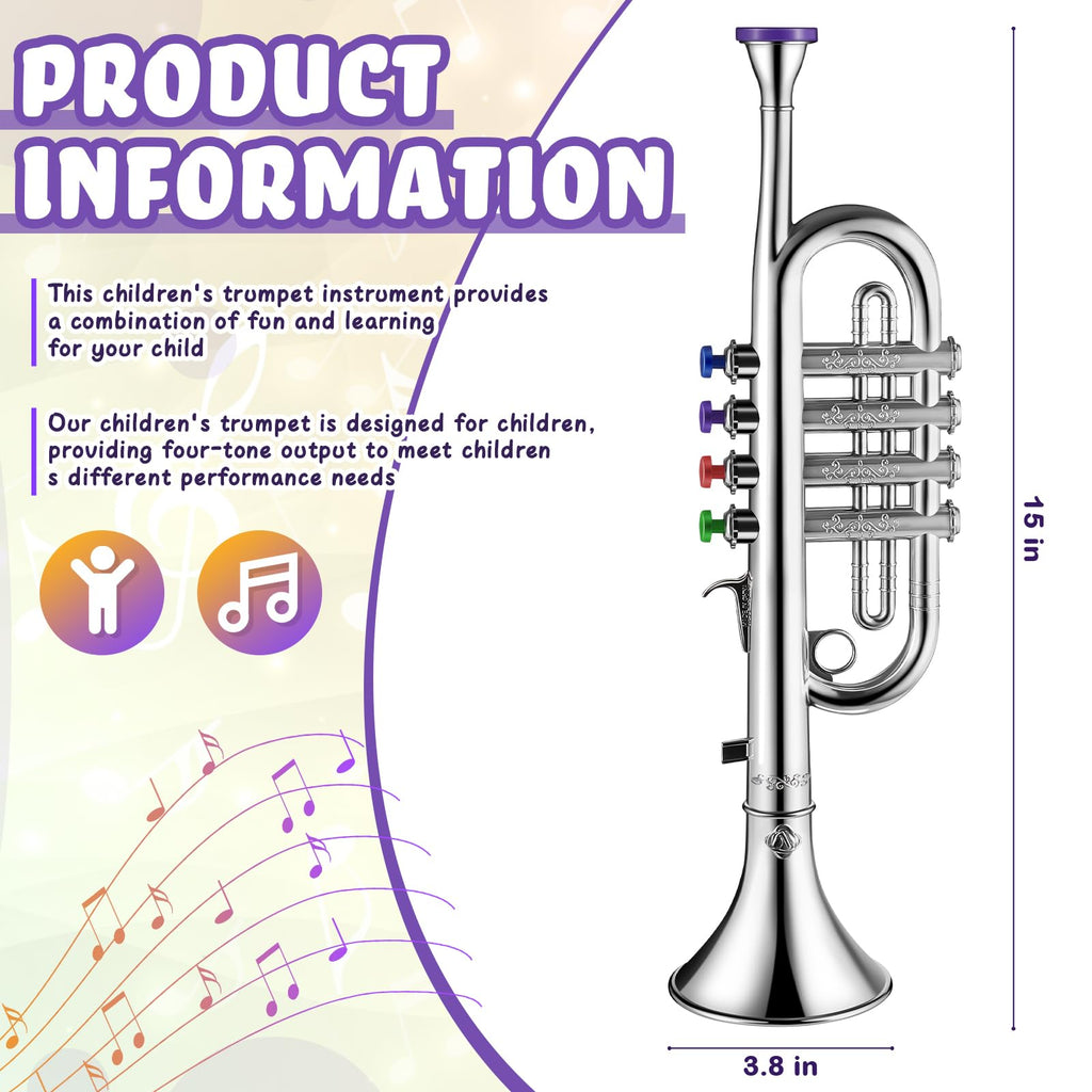 Lewtemi Gold Trumpet Musical Instruments Toy for Kid Toddler Fake Plastic Preschool Music Toy Gift Non-Professional Wind Instrument Early Educational Teaching Songs Gifts for Toddlers Children
