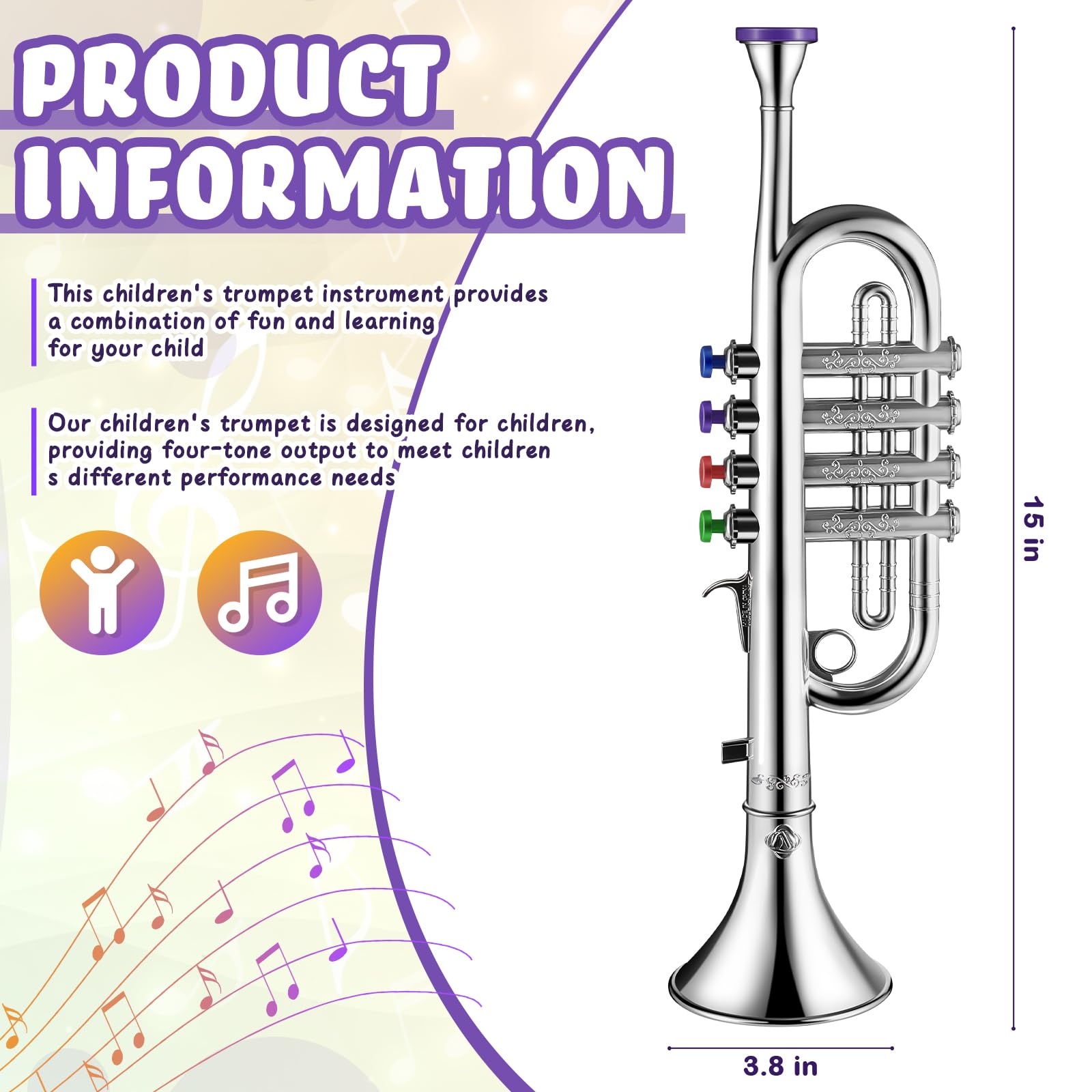 Lewtemi Gold Trumpet Musical Instruments Toy for Kid Toddler Fake Plastic Preschool Music Toy Gift Non-Professional Wind Instrument Early Educational Teaching Songs Gifts for Toddlers Children