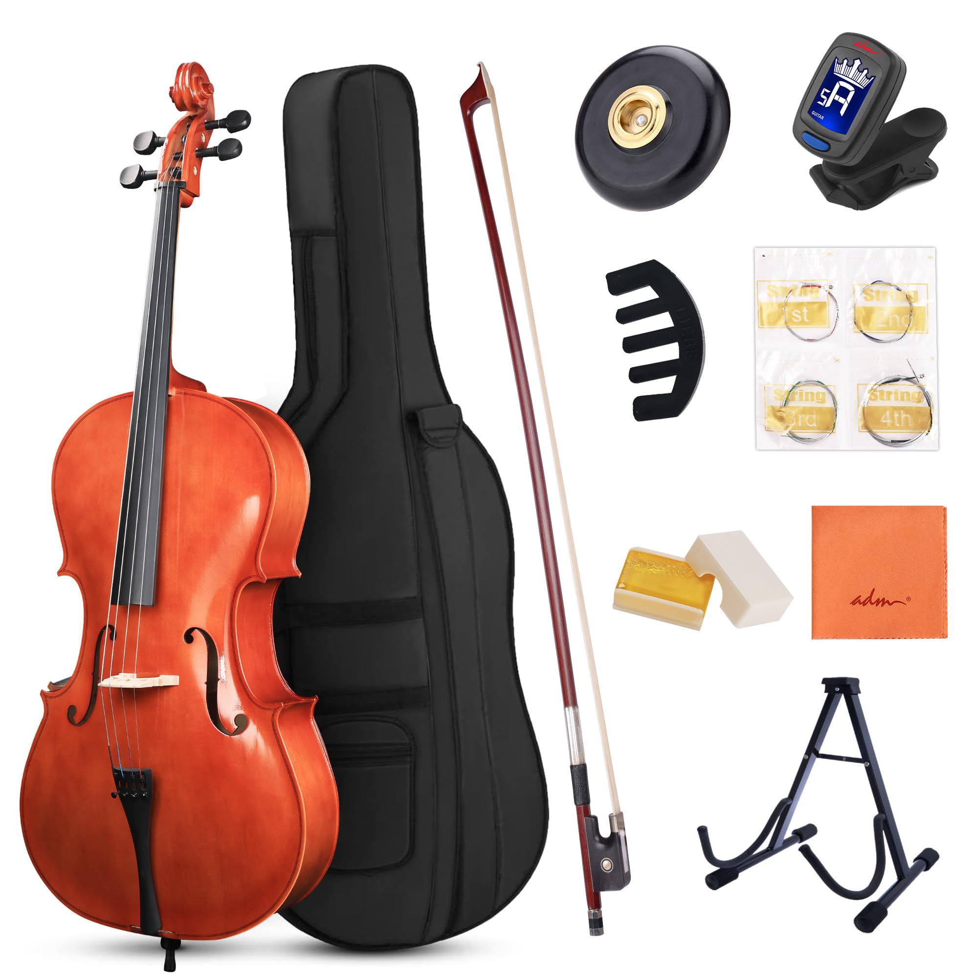 ADM 4/4 Full Size Acoustic Cello, Beginner Acoustic Cello Kit with Portable Bag, Stand, Bow, Mute, Rosin, Endpin Holder for Beginner Adults & Students