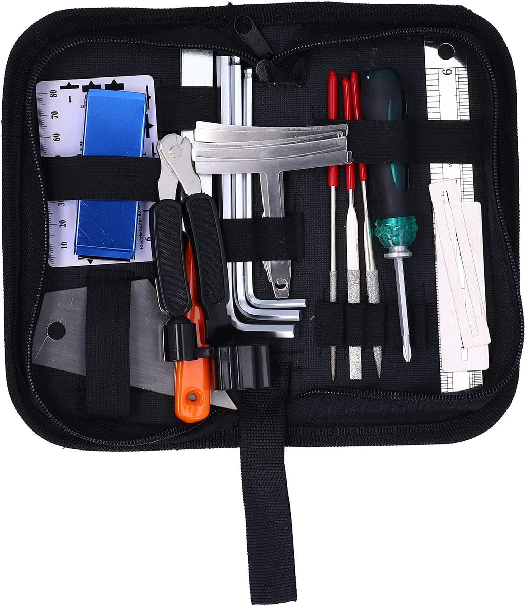 25Pcs Guitar Repairing Tools Kit Setup Kit Includes Carry Bag String Organizer Fingerboard Protector String Action Ruler Gauge for Guitar Ukulele Bass Mandolin Banjo