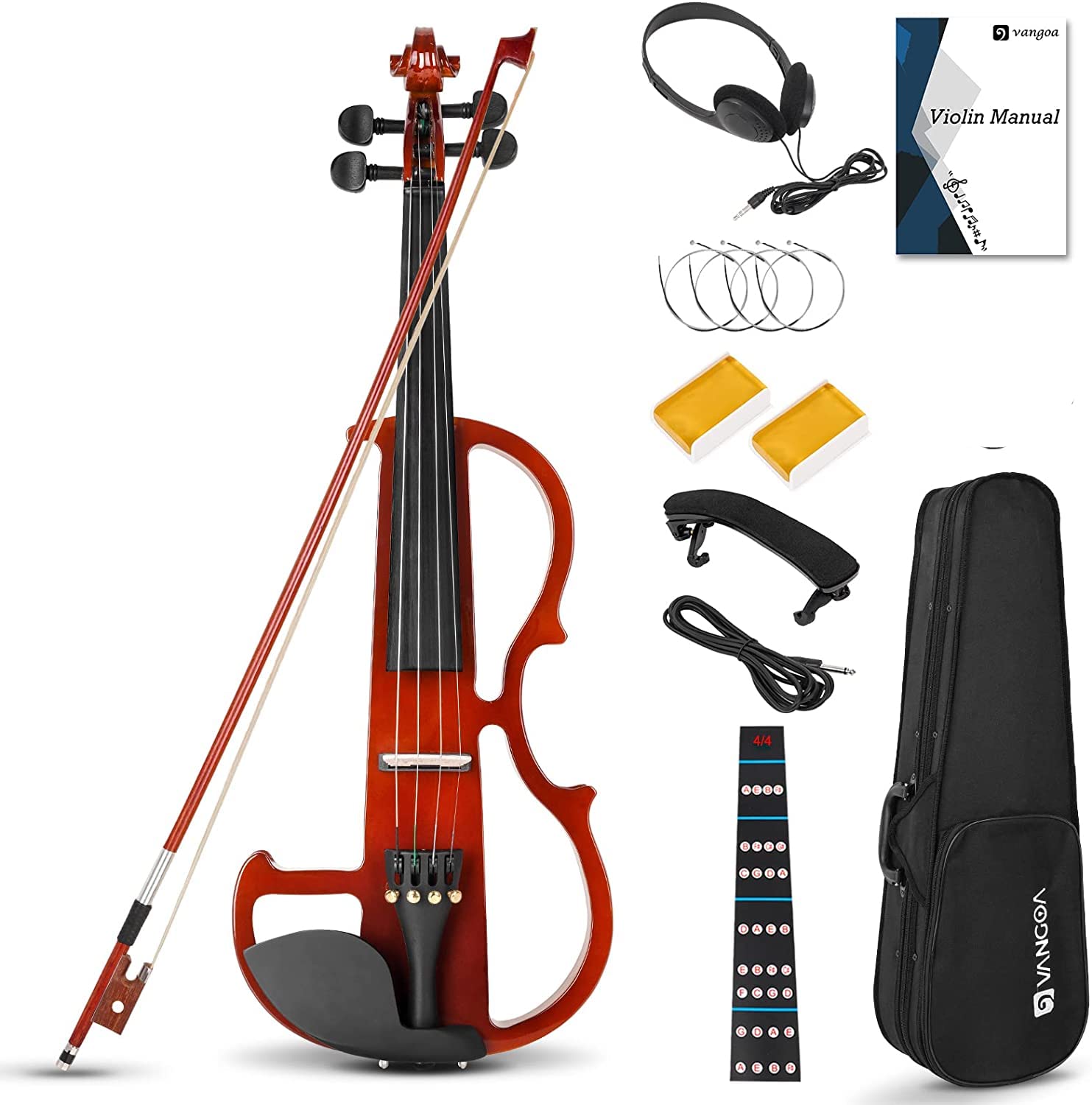 Vangoa Electric Violin Full Size 4/4, Black Silent Electric Violin, Solid Wood Metallic Electric Fiddle with Ebony Fittings, Beginner Kit for Adults Teens