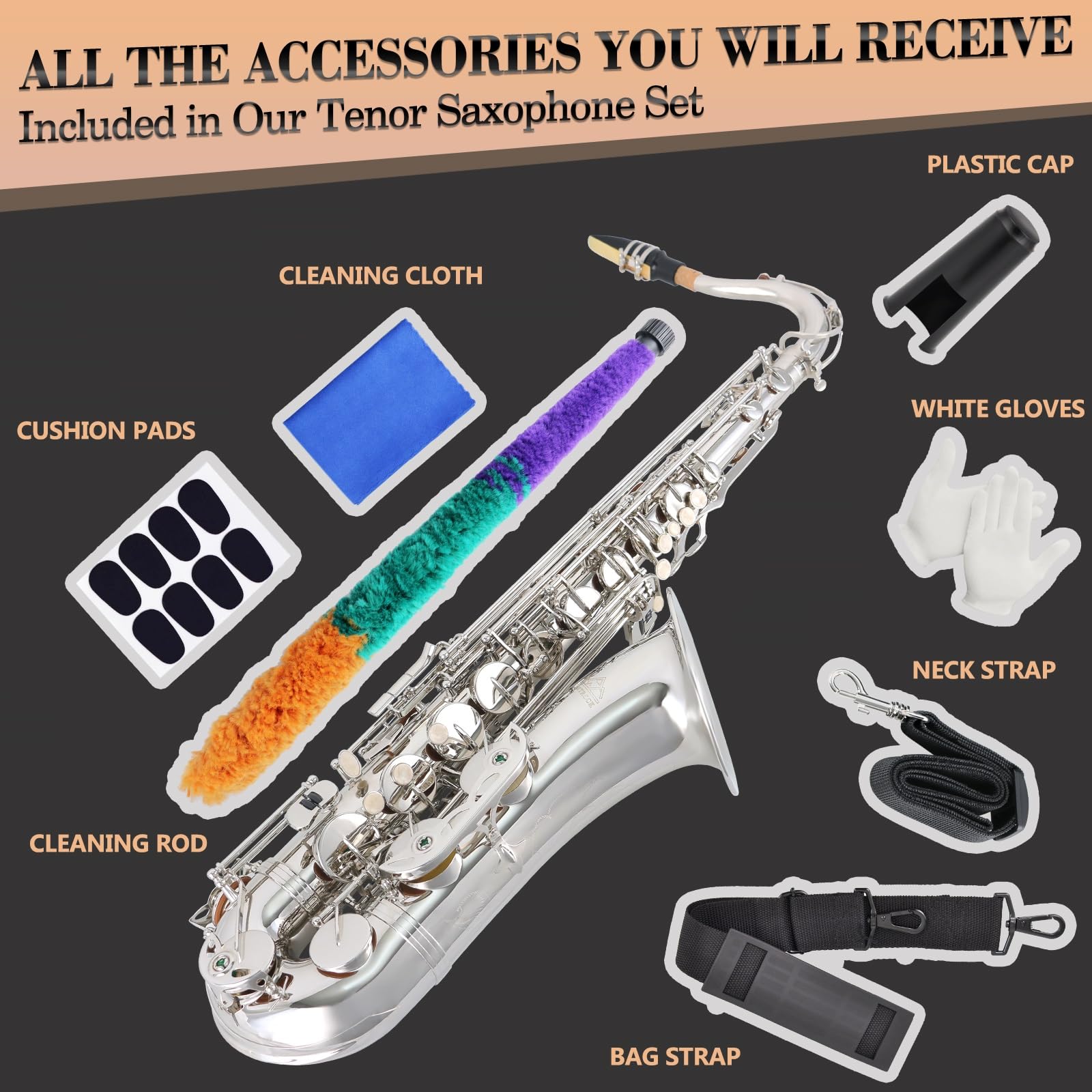 EASTROCK Nickel Tenor Saxophone B Flat Tenor Sax Professional Tenor Saxophone for Beginners Students and Musicians with Carrying Case,Mouthpiece,Reeds,Cushion Pads,Cleaning Kit,Neck Strap