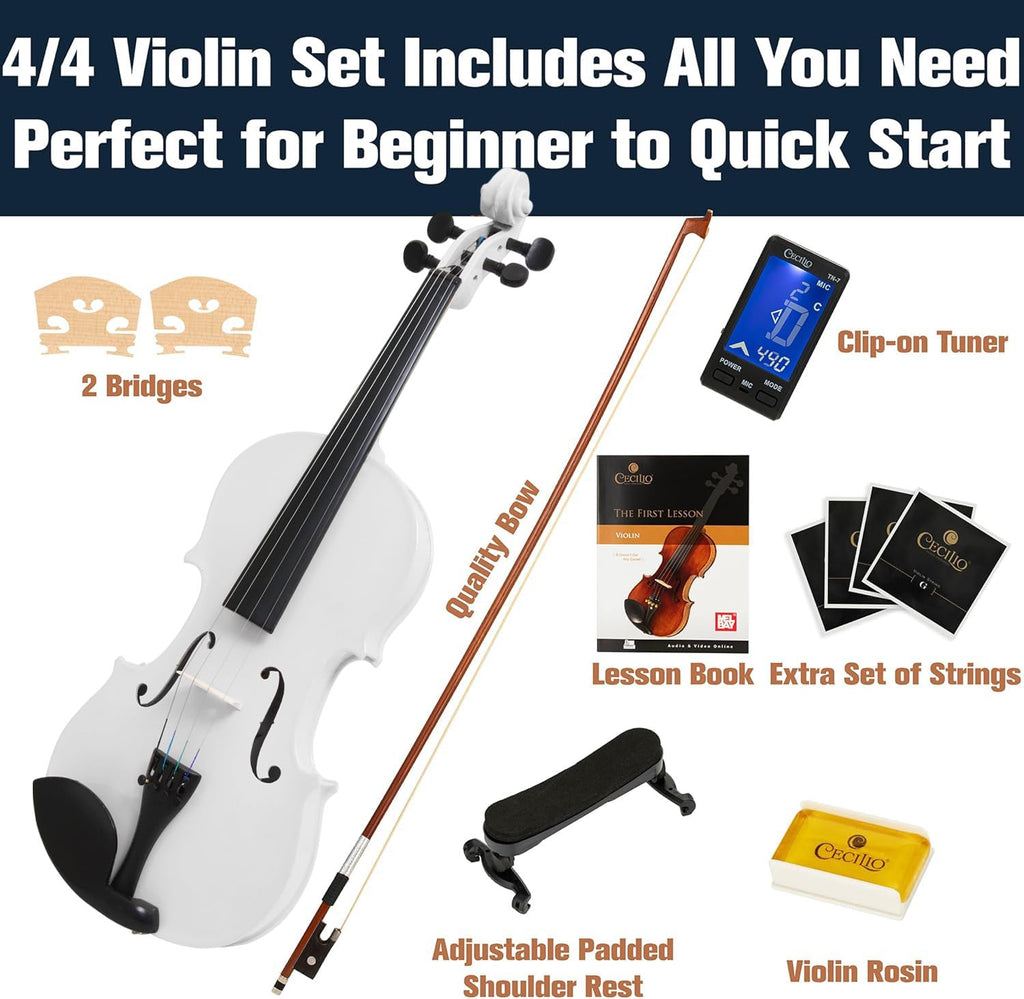 Mendini By Cecilio Violin 4/4 Full Size For Beginners - Fiddle Solidwood Kit with Hard Case - Acoustic Violins with Bow, Rosin, Tuner, Extra Strings & Bridge, Shoulder Rest and Lesson Book (Varnish)