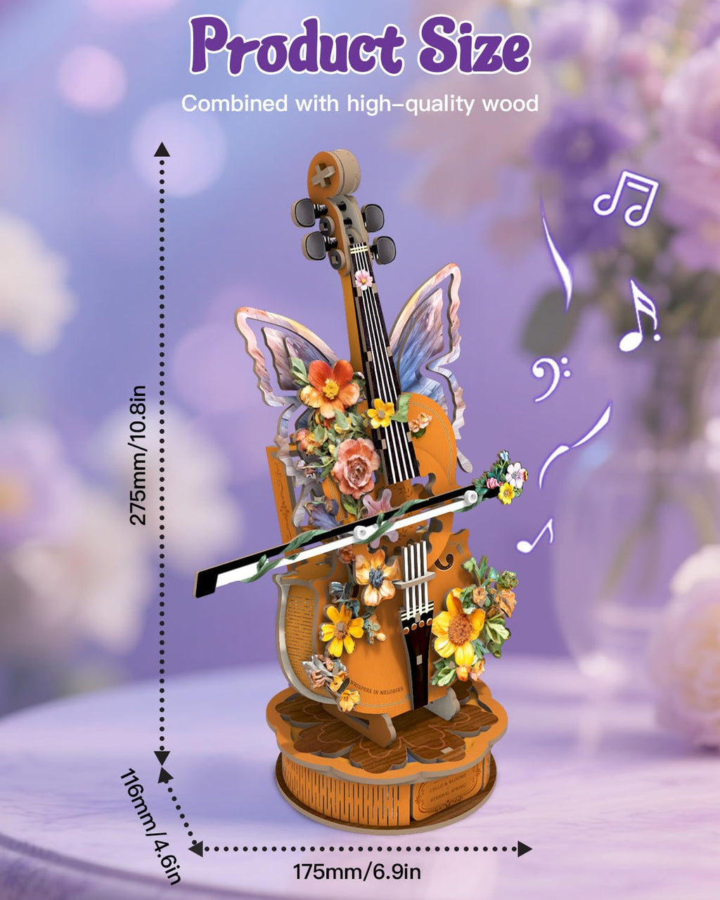 3D Puzzles for Adults, Mechanical Wooden Cello Music Box Puzzles, DIY Flower Music Box Cello Crafts Model Kits Home Decor for Women Holiday Weddings