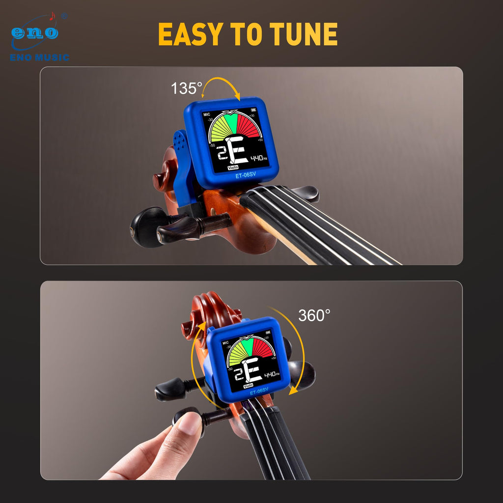 ENO MUSIC Rechargeable Type-C Quick Charge Easy Control Big LCD Display Easy Reading Clip-on Tuner for 4/4 Violin Viola Bass, Red