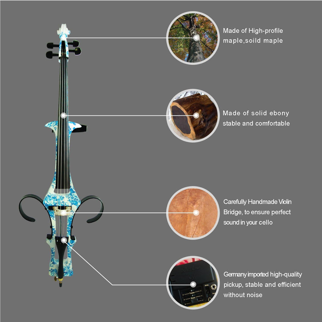 Aliyes 4/4 Full Size Solid Wood Electric Cello Violoncello Maple Wood body Ebony Fittings with Bag, Bow, Rosin, Aux Cable, Earphone, Extra set of strings(White&Blue Flowers)(ALDSDT-1201)