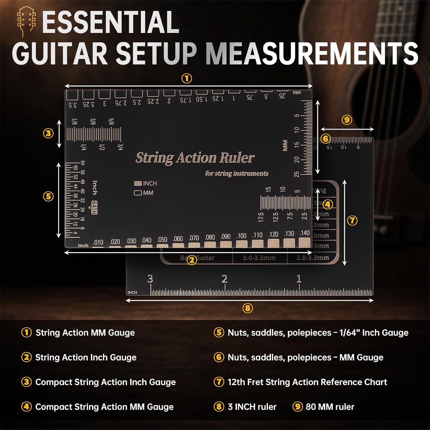 Guitar Luthier Tools Radius Gauge String Action Ruler Measuring Setup Kit | 9 radius size.Laser-engraved stainless steel.Matte finish reduces glare. w Cleaning Cloth Storage Case for Acoustic/Electric