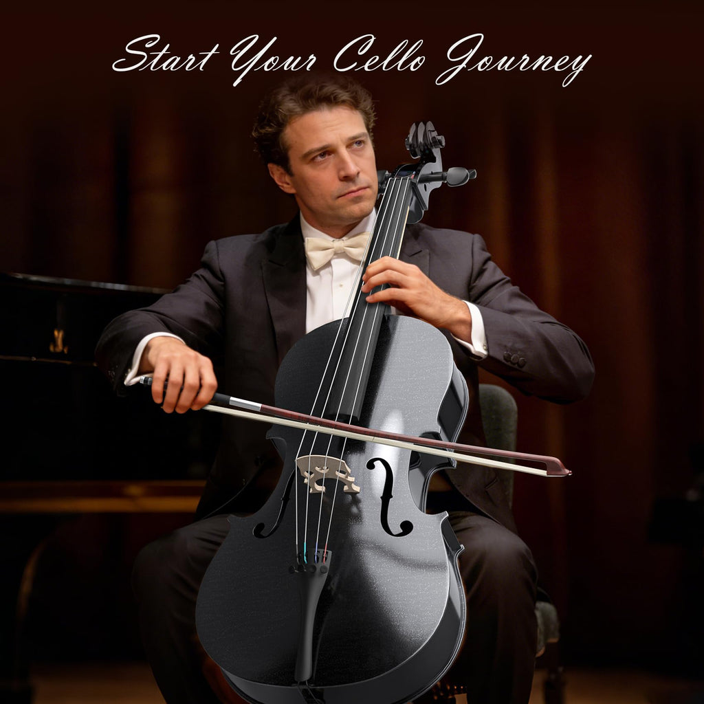 Full Size Cello Kit, Acoustic Cello Instrument for Adults,Beginners,Students,Complete Cello 4/4 Set with Portable Bag, Bow, Rosin (Black)