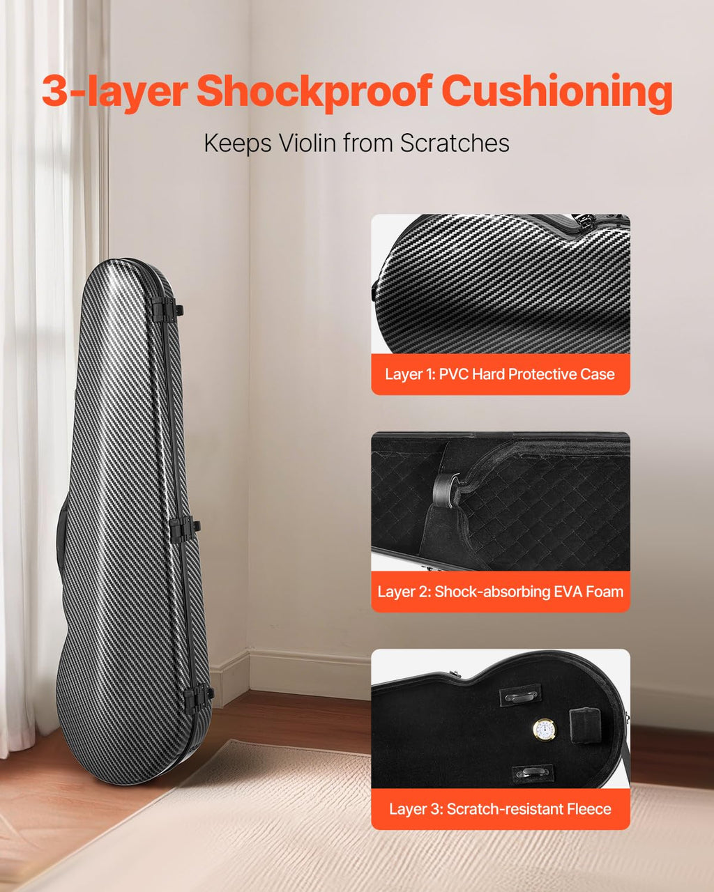 VEVOR 4/4 Full Size Violin Case, Built-in Hygrometer, Lightweight Portable Travel Carrying Bag, with Plush Lining, Dual Shoulder Straps, Anti-Scratch, Professional Triangular Shape, for Violin, Black