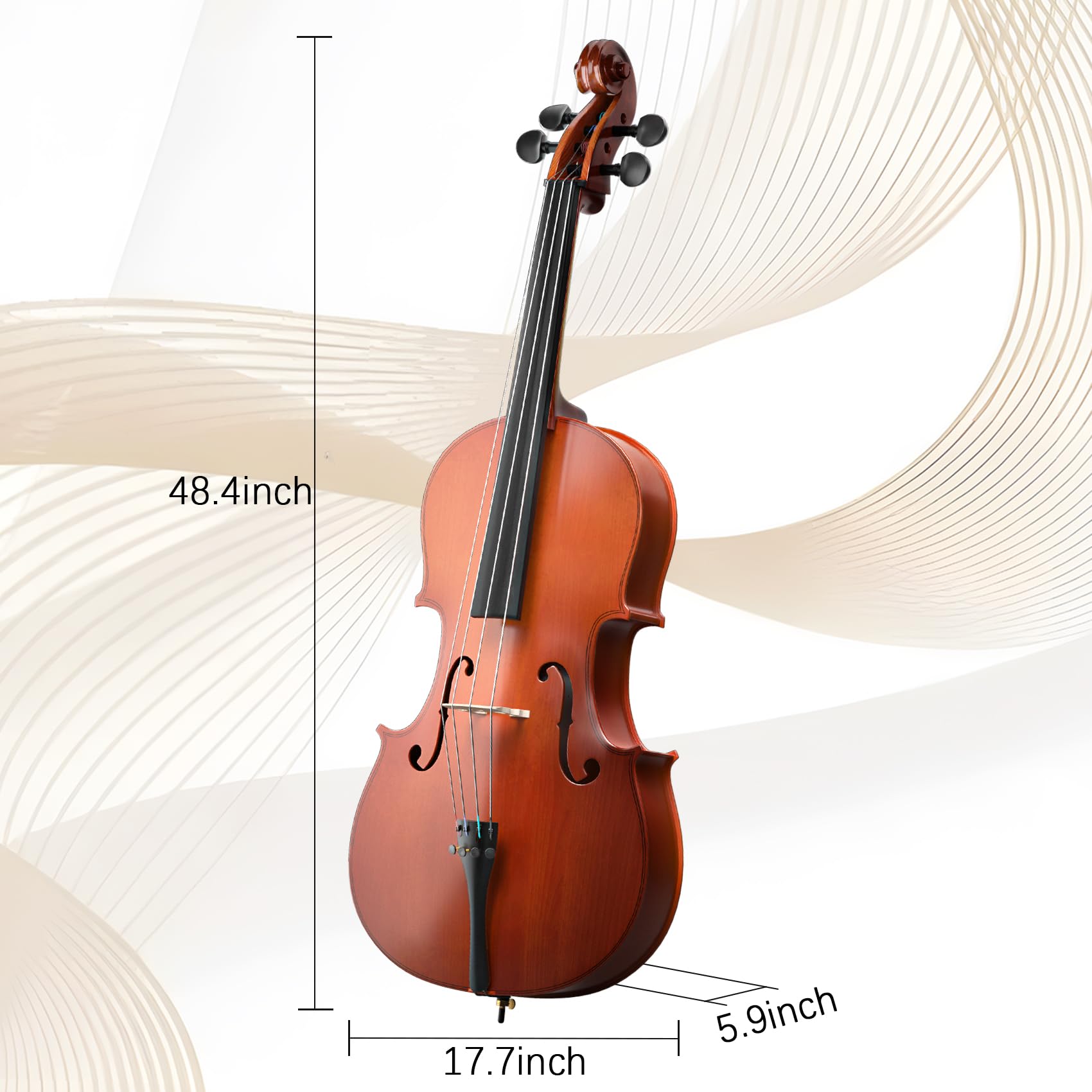 Cello 4/4 Kit, Full Size Cello for Adults, Students, Beginners, Complete Acoustic Cello Instrument Set with Portable Bag, Bow, Rosin, Black