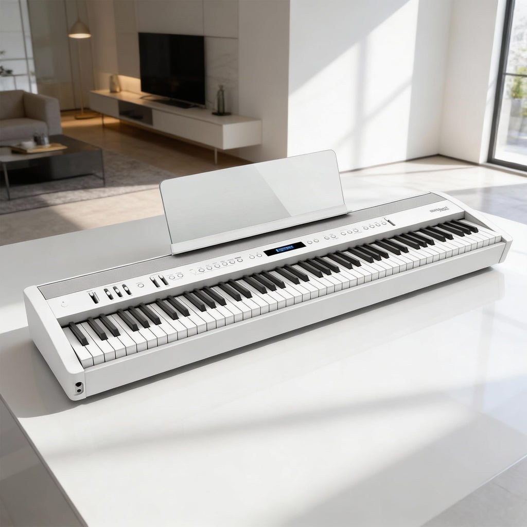 Roland FP-60X 88-Key Digital Piano - White Bundle with Adjustable Stand, Bench, Deluxe Sustain Pedal, Online Piano Lessons, Instructional DVD, and Austin Bazaar Polishing Cloth