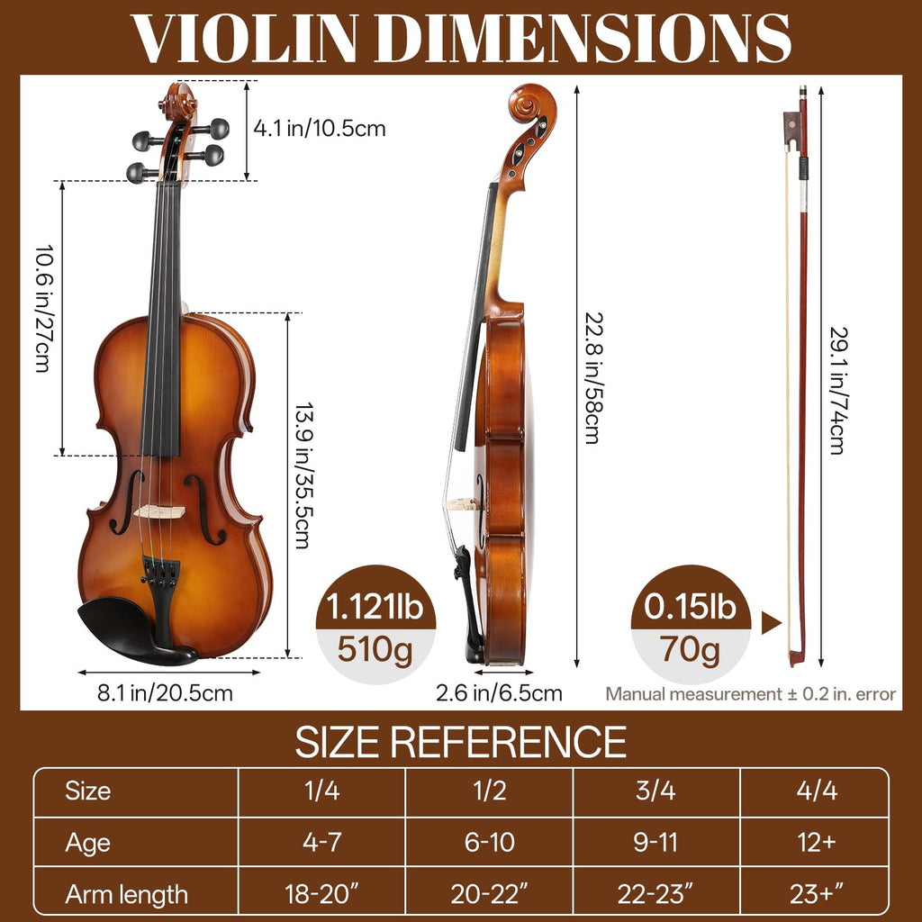Kmise Violin 4/4 Full Set, Fingerboard Fret Markings Violins, Matte Acoustic Fiddle for Adults, Beginners, Students with Violin Case, Rosin, Strings, Bow, Shoulder Rest, Beginner's Guide (Matte, 4/4)