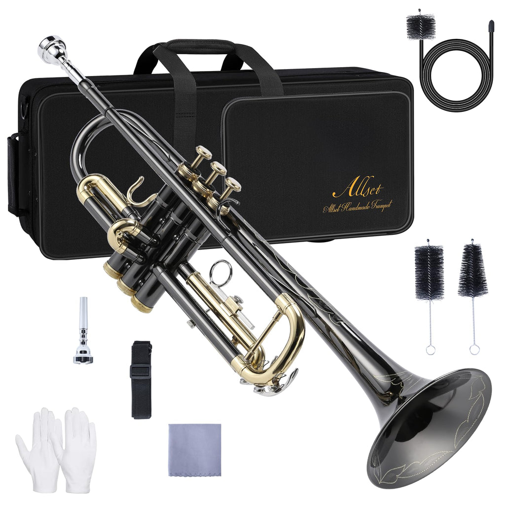 ALLSET Bb Standard Trumpet for Beginners | Student Band, Orchestra, Pro Level Performance | Professional Brass Trumpet Kit with Hard Case, 7C Mouthpiece& Cleaning Kit | Gold