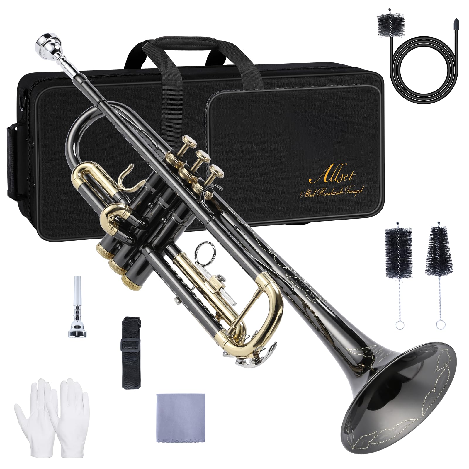 ALLSET Bb Standard Trumpet for Beginners | Student Band, Orchestra, Pro Level Performance | Professional Brass Trumpet Kit with Hard Case, 7C Mouthpiece& Cleaning Kit | Gold