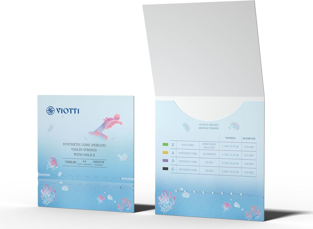 Viotti Violin Strings 4/4 Full Set | Medium Tension Synthetic-Core Strings with Gold E String for Brilliance, Power & Projection, Silver Wound D & G Strings, and Aluminum Wound A String