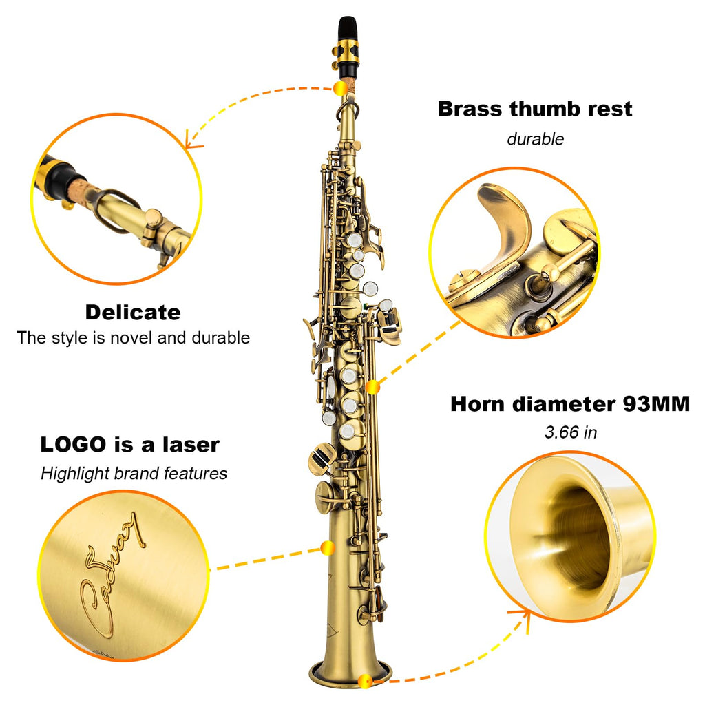 Bb Soprano Saxophone Straight Gold Laquer Sax Instruments for Beginners Students Intermediate Players with Carrying Case,White Gloves.Cleaning kit.neck Strap.Mouthpiece (Gold body nickel bond)