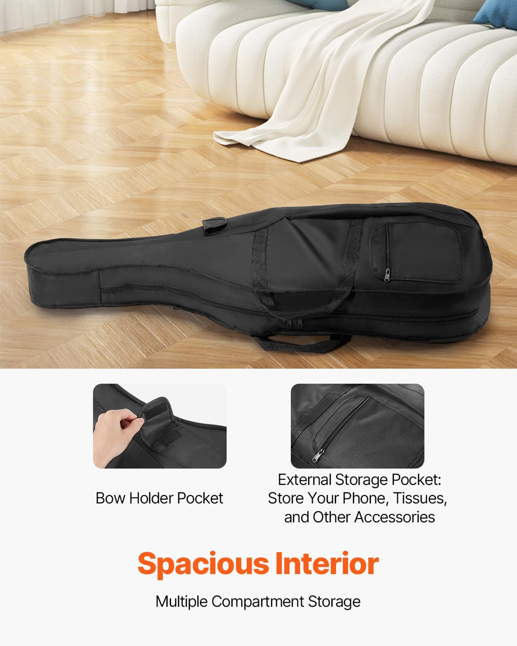 VEVOR 4/4 Full Size Cello Case, Lightweight Portable Travel Carrying Bag, with Dual Shoulder Straps, Anti-Scratch, Professional Cello-Shape, for Cello, Black
