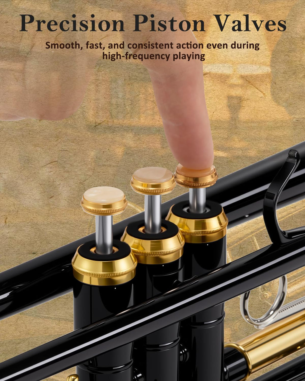 STRICH Bb Standard Trumpet Set for Beginners, Brass Student Trumpet Instrument with Hard Case, Cleaning Kit, 7C & 3C Mouthpieces, Gloves - STR-1G, Gold