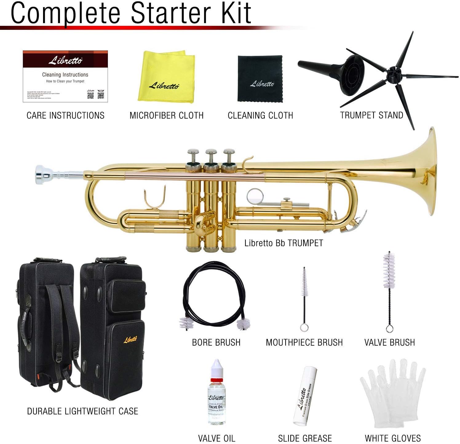 Libretto Gold Lacquer Bb Trumpet Set, Rose Brass Leadpipe | Standard for Beginner & Intermediate Students, Stainless Valve, 7C Mouthpiece, Durable Case, Portable Stand & Maintenance Kit