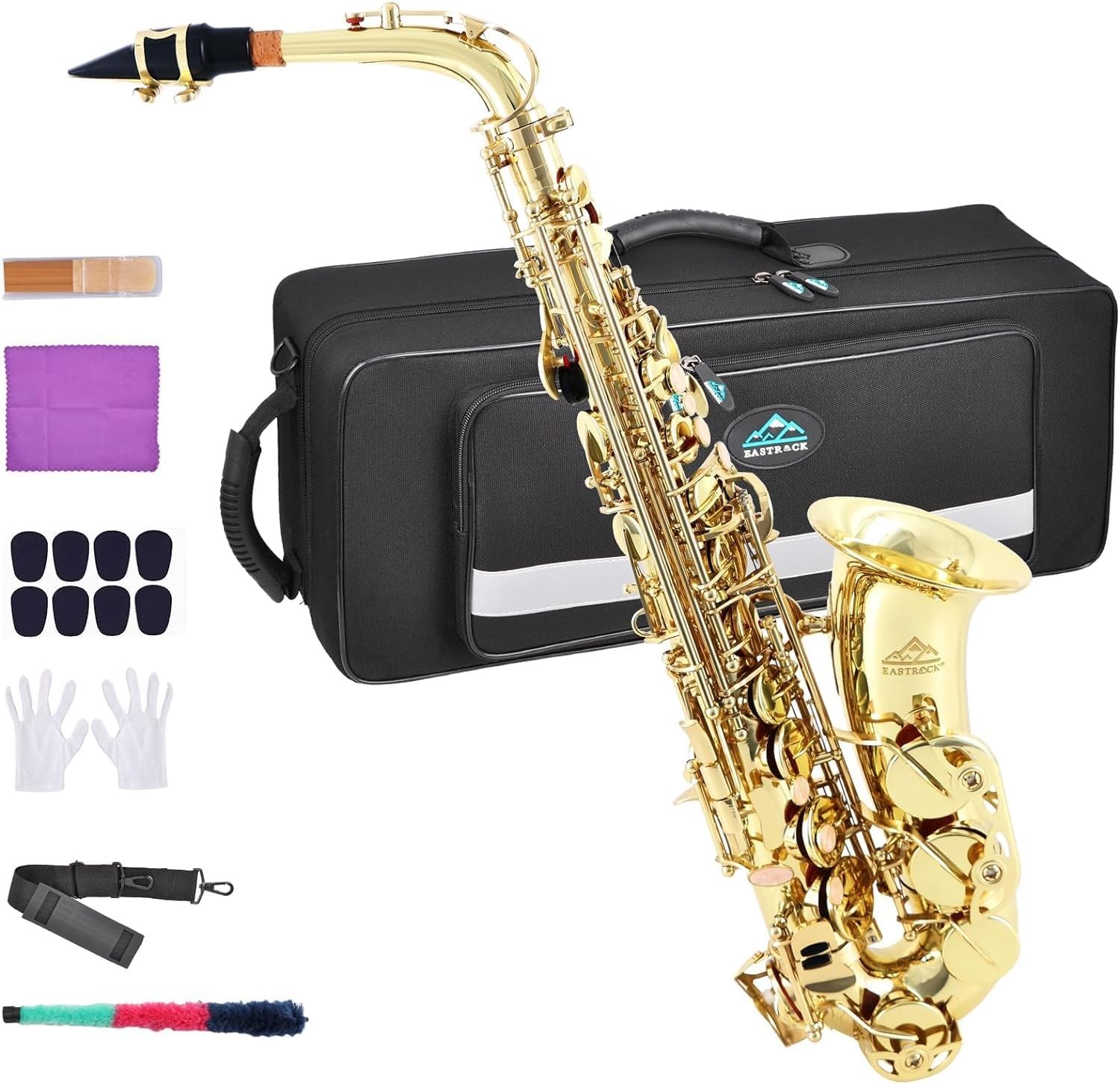 EASTROCK Black/Golden Alto Saxophone E Flat Sax Full Kit for Students Beginner with Carrying Case,Mouthpiece,Mouthpiece Cushion Pads,Cleaning Cloth&Cleaning Rod,White Gloves,Neck Strap