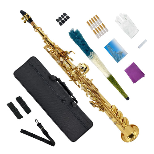 Bb Straight Soprano Saxophone Gold Lacquer Brass with Exquisite Carving and Shell Keys Full Set Includes Hard Case Mouthpiece Reeds Gloves for Students
