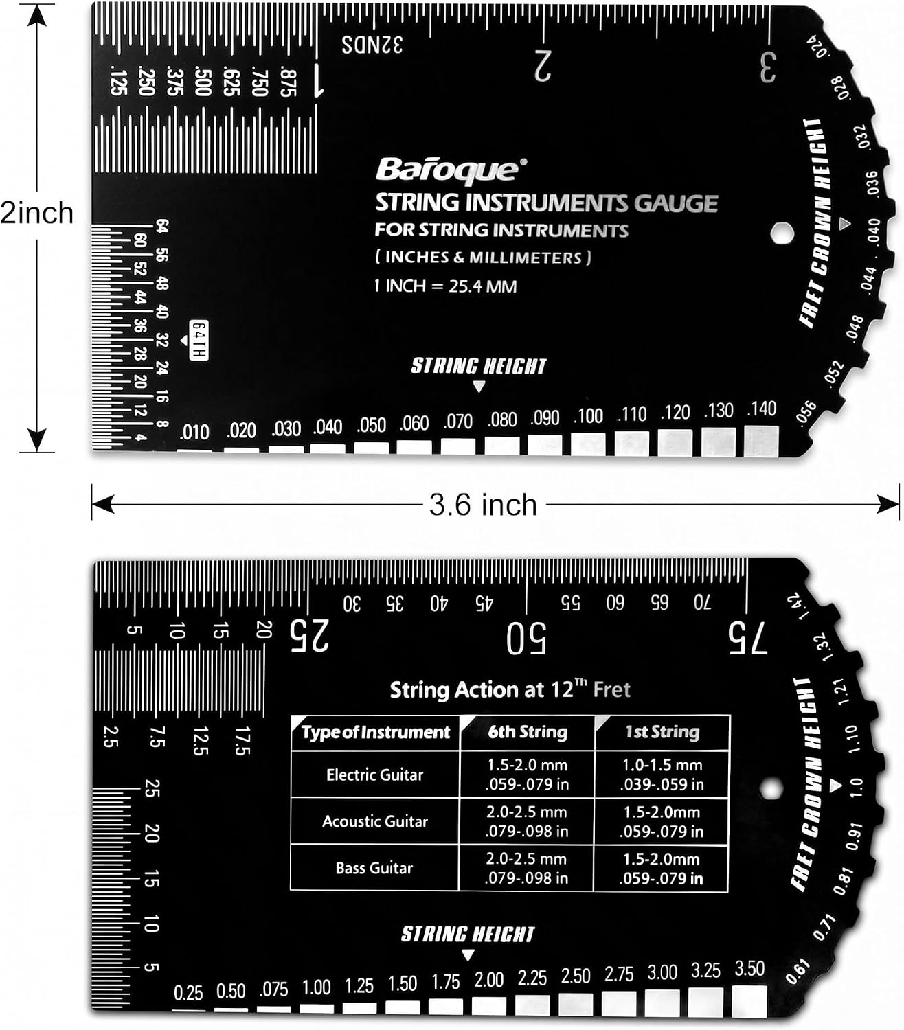 String Action Gauge Ruler, Guitar Set Up Gauge,Multifunctional Guitar Fret Rocker Luthier Tool with Thick Leather Case,Precise Etched, Polished Edge (Inch and Metric)