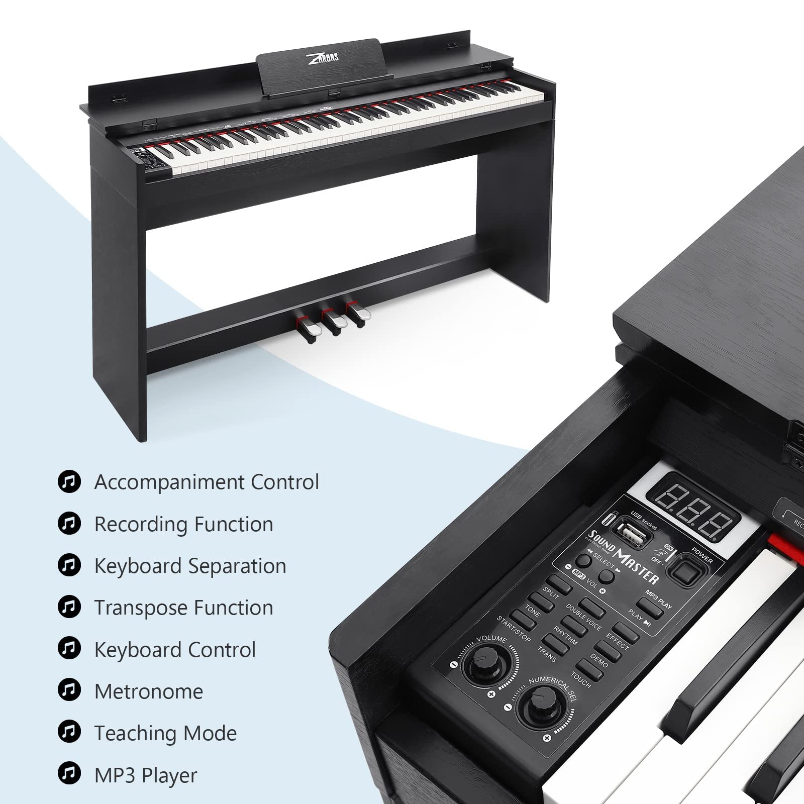 88 Key Digital Piano for Home Studio, with Weighted Hammer Action Keys, Professional Triple Pedal, USB-MIDI Connectivity, Includes Power Adapter, Stand & Headphone Jack, Black