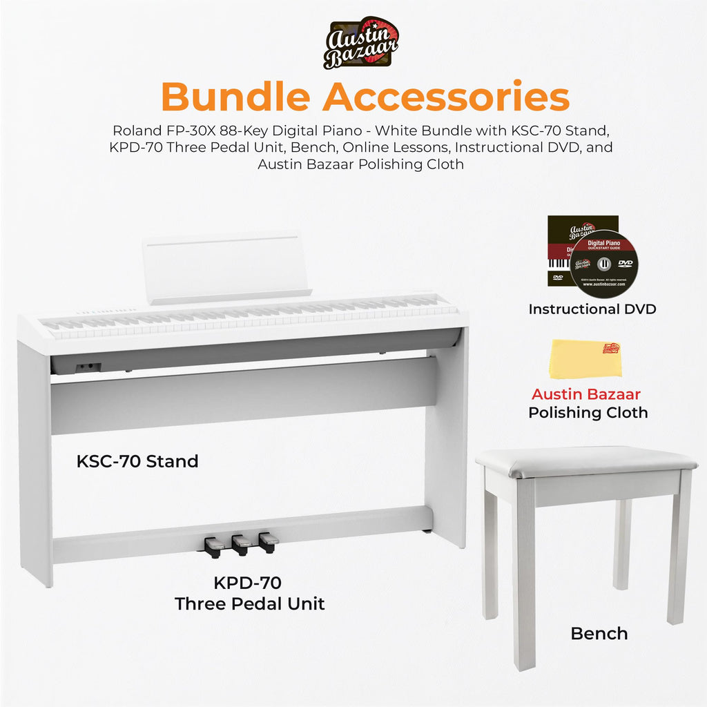 Roland FP-30X 88-Key Digital Piano - Black Bundle with Adjustable Stand, Bench, Sustain Pedal, Online Piano Lessons, Instructional DVD, and Austin Bazaar Polishing Cloth