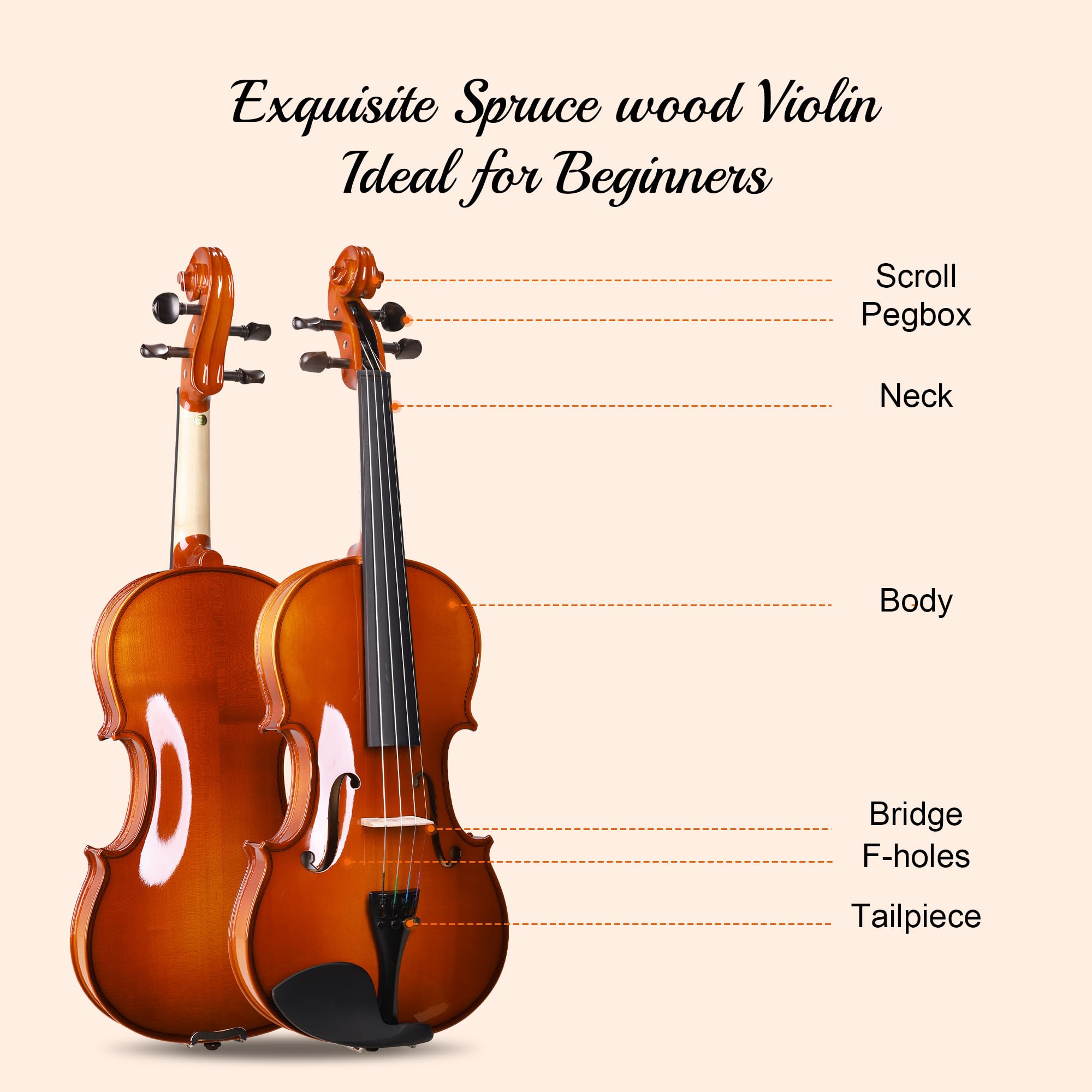 ADM Acoustic Violin for Beginner 4/4 Full Size Violin Set Solid Wood Ebony for Adult Teen Student Starter Kit with Hard Case, Shoulder Rest, Bow, Music Stand, Strings, Free Lessons (Sepia, 4/4 Size)