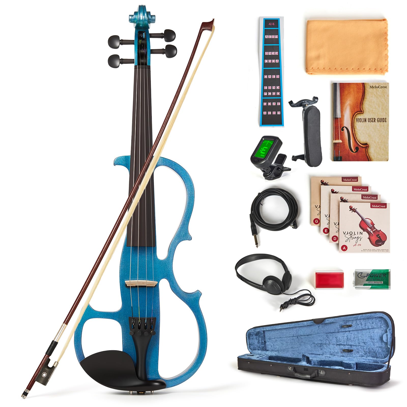 Cobalt Blue Silent Electric Violin 4/4 Full Size, Acoustic-Electric Violin for Beginners & Students, Quiet Practice with Headphones, High-Fidelity Pickup, Complete Starter Kit