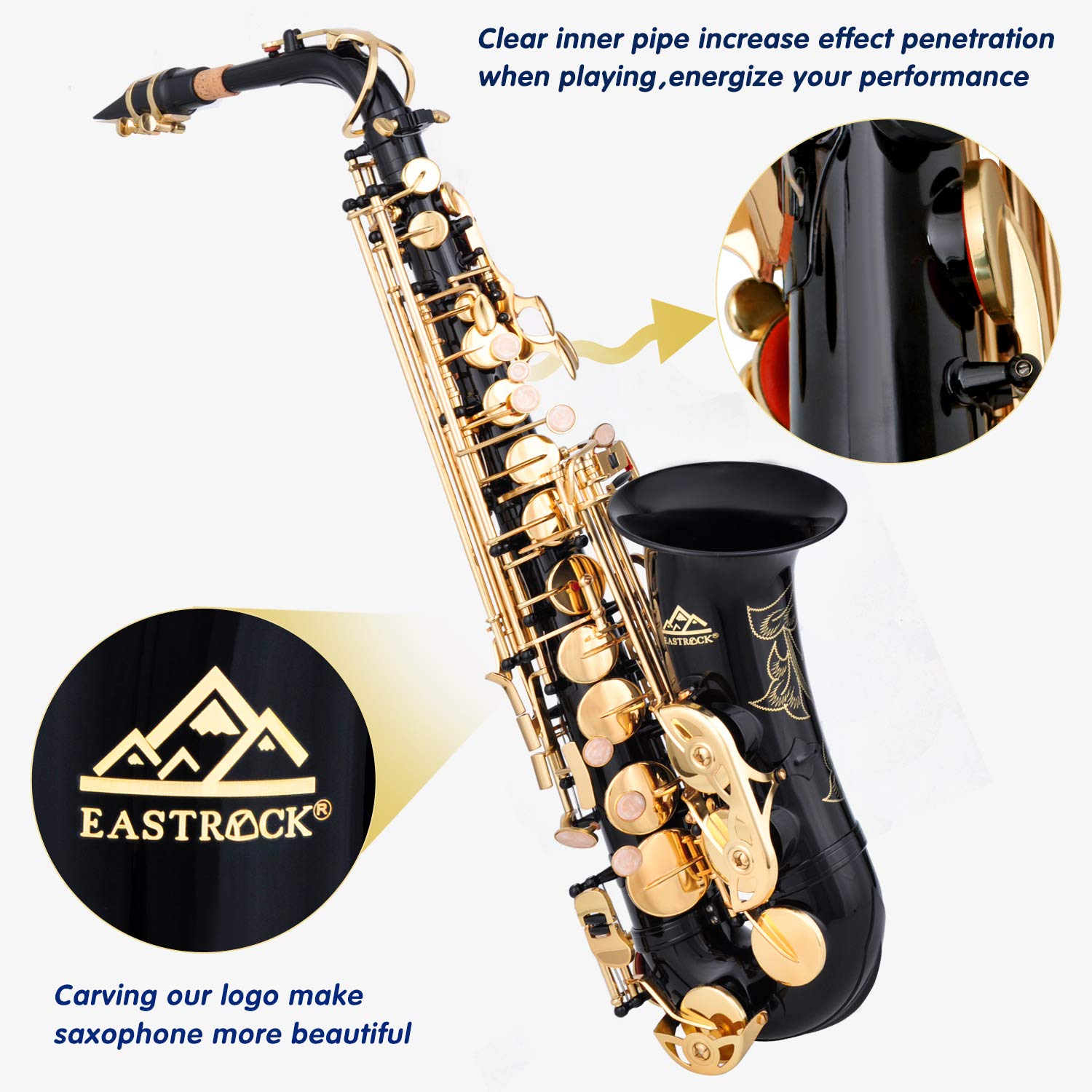 EASTROCK Black/Golden Alto Saxophone E Flat Sax Full Kit for Students Beginner with Carrying Case,Mouthpiece,Mouthpiece Cushion Pads,Cleaning Cloth&Cleaning Rod,White Gloves,Neck Strap