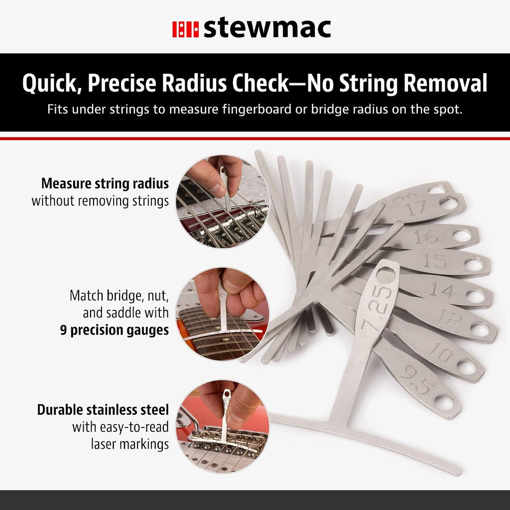 StewMac Understring Radius Gauges, Set of 9, Standard Width | 9 Radii: 7-1/4 to 20 Inch, Fits String Spreads to 2-5/8 In, Use with Strings On, 6-String Guitar and Most 4-String Bass