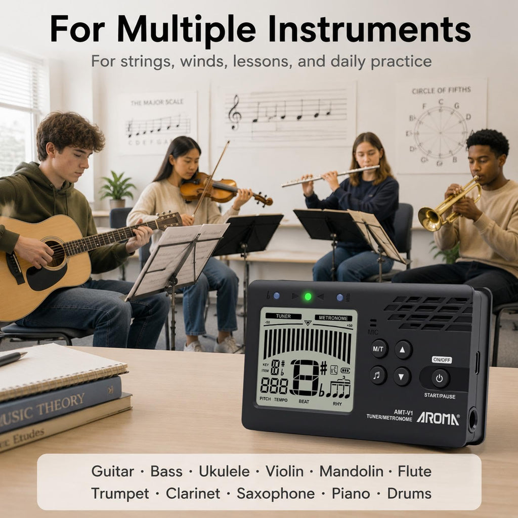 Ulumac Aroma 3-in-1 Digital Metronome Tuner for Guitar, Bass, Violin, Piano | For All Instruments - Ukulele, Trumpet, Flute, Clarinet - Accurate Chromatic Tuner, Tone Generator, Easy to Use, Pocket Size