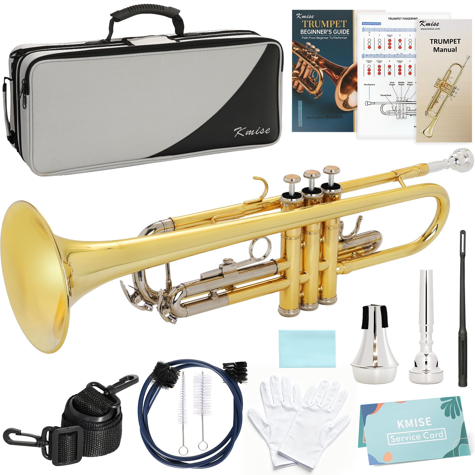Kmise Bb Standard Trumpet, Premium Brass Trumpets for Student Beginner, Trumpet Instrument Set with Upgraded Case, 7C Mouthpiece, Mute, Beginner's Guide Kit, Cleaning Kit (Gold)