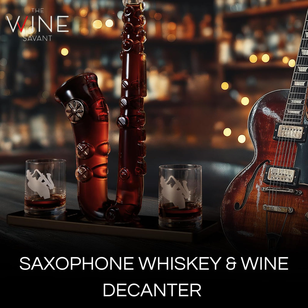 Saxophone Whiskey & Wine Decanter - 34 OZ Decanter Set with Two 10 Oz Whisky Glasses - Bourbon, Scotch, Liquor Gifts for Men, Dad, Father, Music Lover Gifts, Classical Instrument Room Home Décor