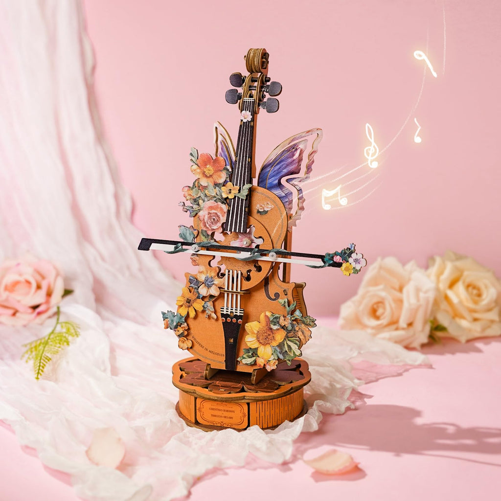 3D Puzzles for Adults, Mechanical Wooden Cello Music Box Puzzles, DIY Flower Music Box Cello Crafts Model Kits Home Decor for Women Holiday Weddings