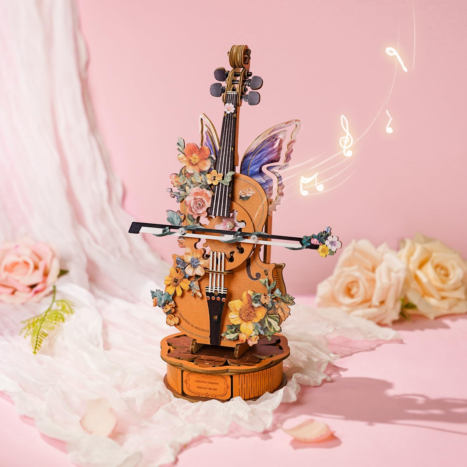 3D Puzzles for Adults, Mechanical Wooden Cello Music Box Puzzles, DIY Flower Music Box Cello Crafts Model Kits Home Decor for Women Holiday Weddings
