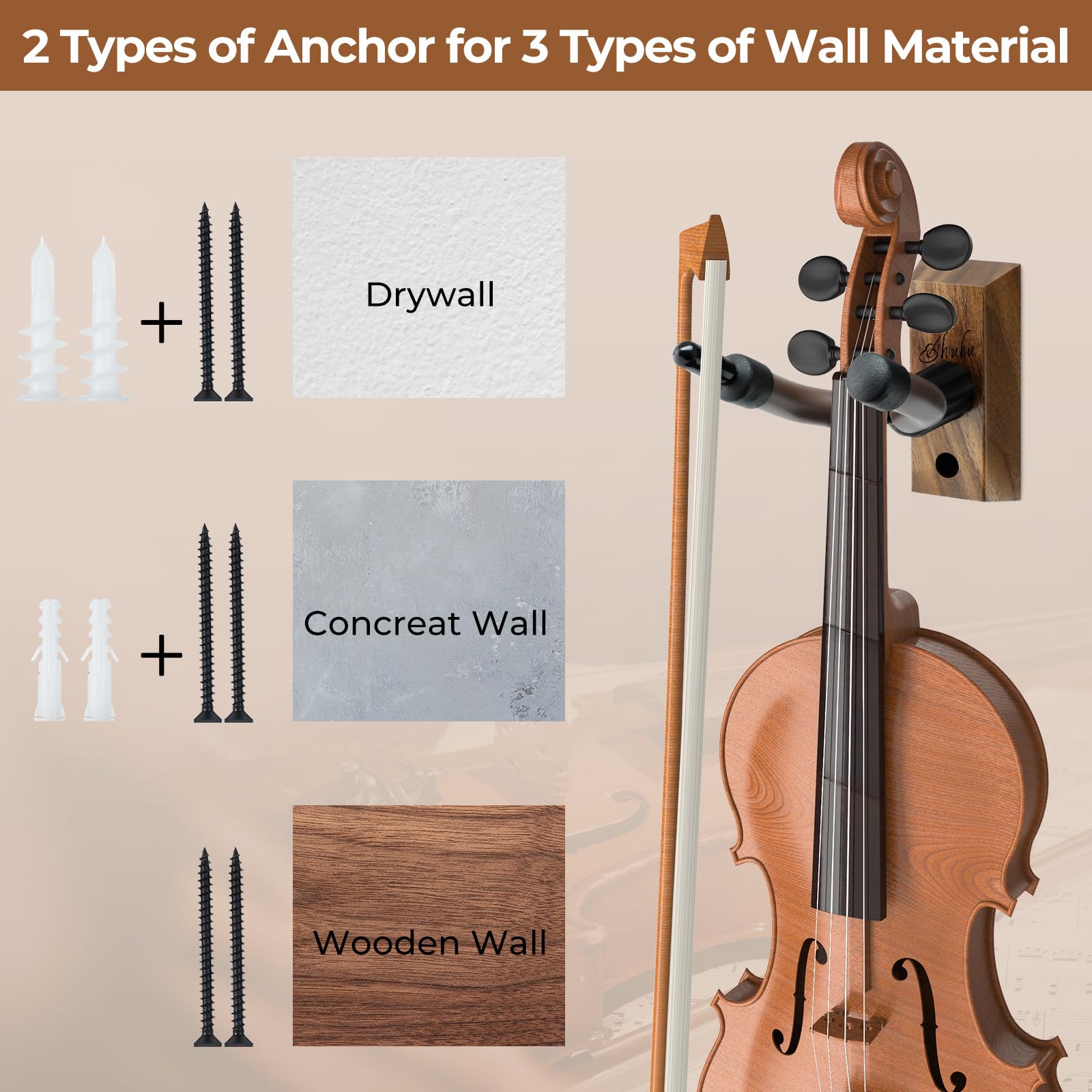 Ohuhu Violin Wall Mount Hanger, Hardwood Violin Viola Hanger with Bow Holder and Soft Padding for Home Studio Decor