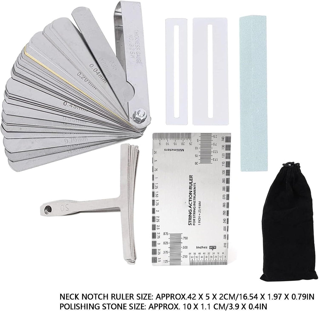 LiebeWH 17 Pcs Guitar Setup Kit Stainless Steel Luthier Tools with Pouch | Bass Guitar Maintenance, Neck Relief Gauge, String Action Ruler, Feeler Gauge, Fingerboard Guards, T Gauges, Polishing Stone