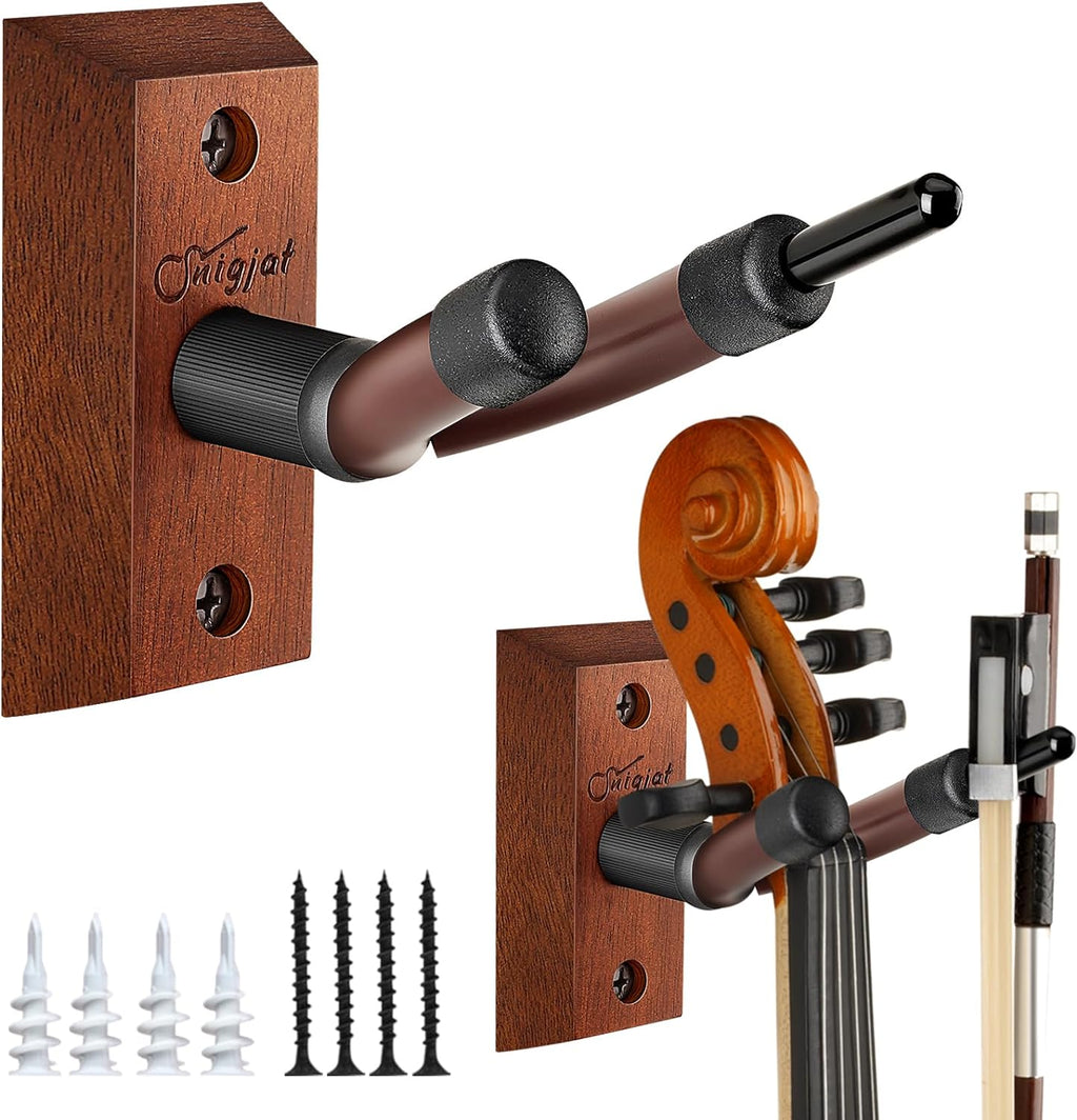 SNIGJAT Violin Wall Mount, 2 Pack Hardwood Violin Hanger with Bow Holder, Vertical Wall Hook Display Stand Fits 4/4 3/4 1/2 1/4 Violins, Decorative Holder for Home Studio Music Room