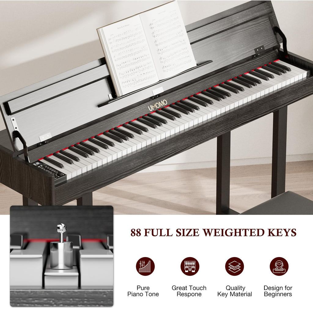 UMOMO 88 Key Weighted Digital Piano with Progressive Hammer Action, Metal Stand & Single Bench, Triple Pedals, USB MIDI, 128 Tones/Rhythms – Full Size Electric Keyboard for Beginners