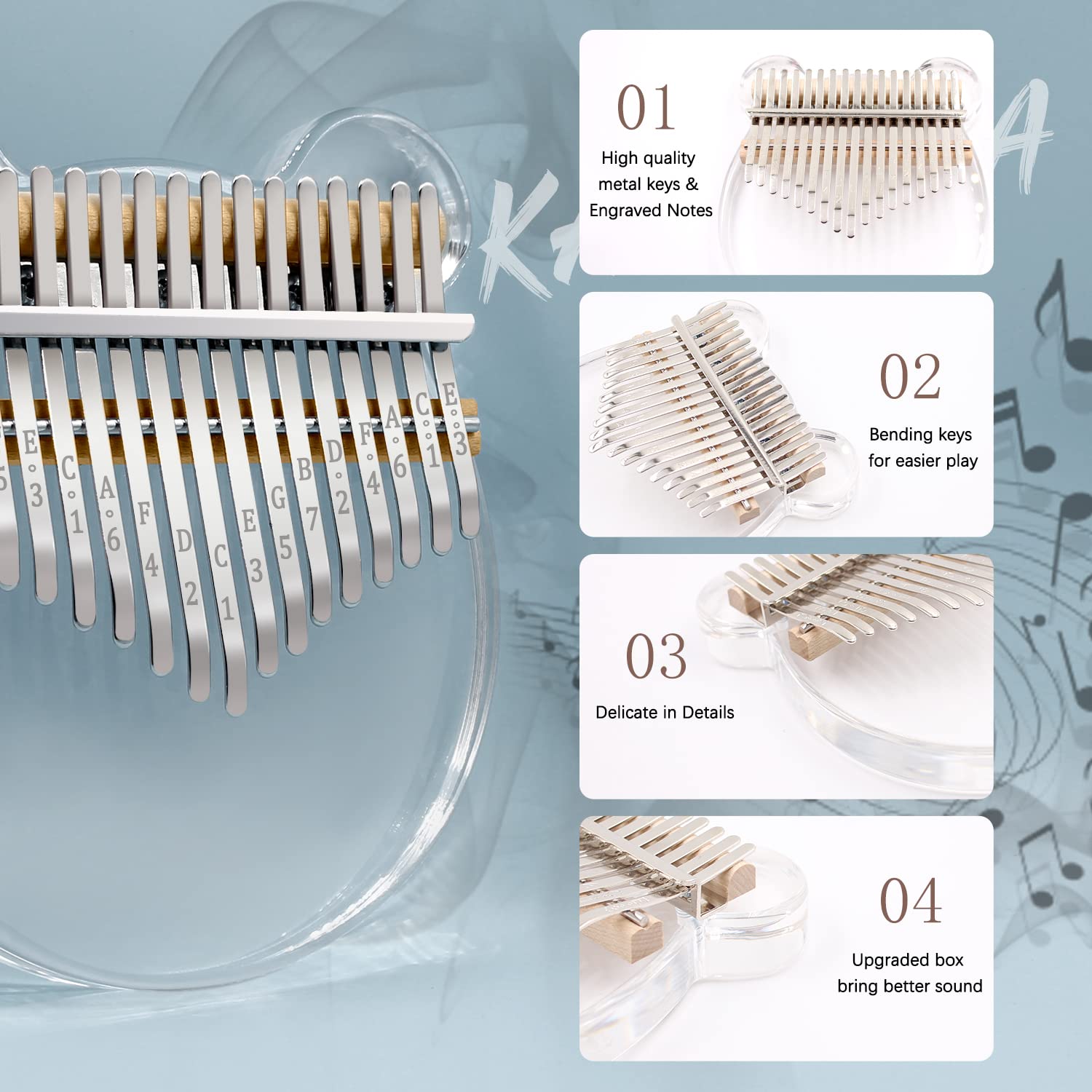 Acrylic Kalimba Thumb Piano,YUNDIE Portable 17 Keys Mbira Crystal Finger Piano, Musical Instruments Birthday Gift for Adult Beginners Professional(Clear) (17 Keys)