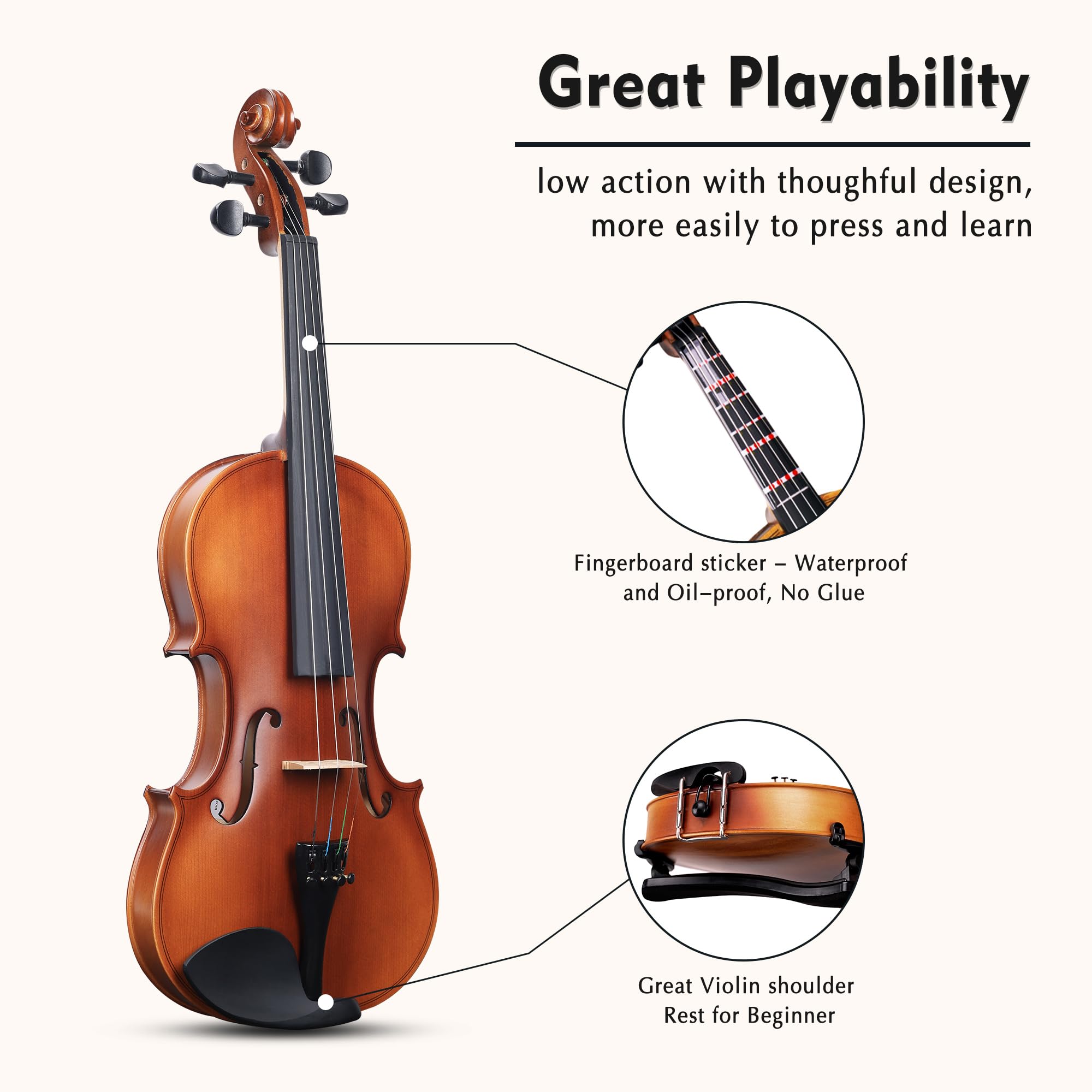 ADM 1/4 Size Wood Violin Set for Kids Teens Students Adults Beginner Acoustic Violin Matte Fiddle Starter Kit with Hard Case, Rosin, Shoulder Rest, Bow, Clip-on Tuner and Fingerboard Sticker