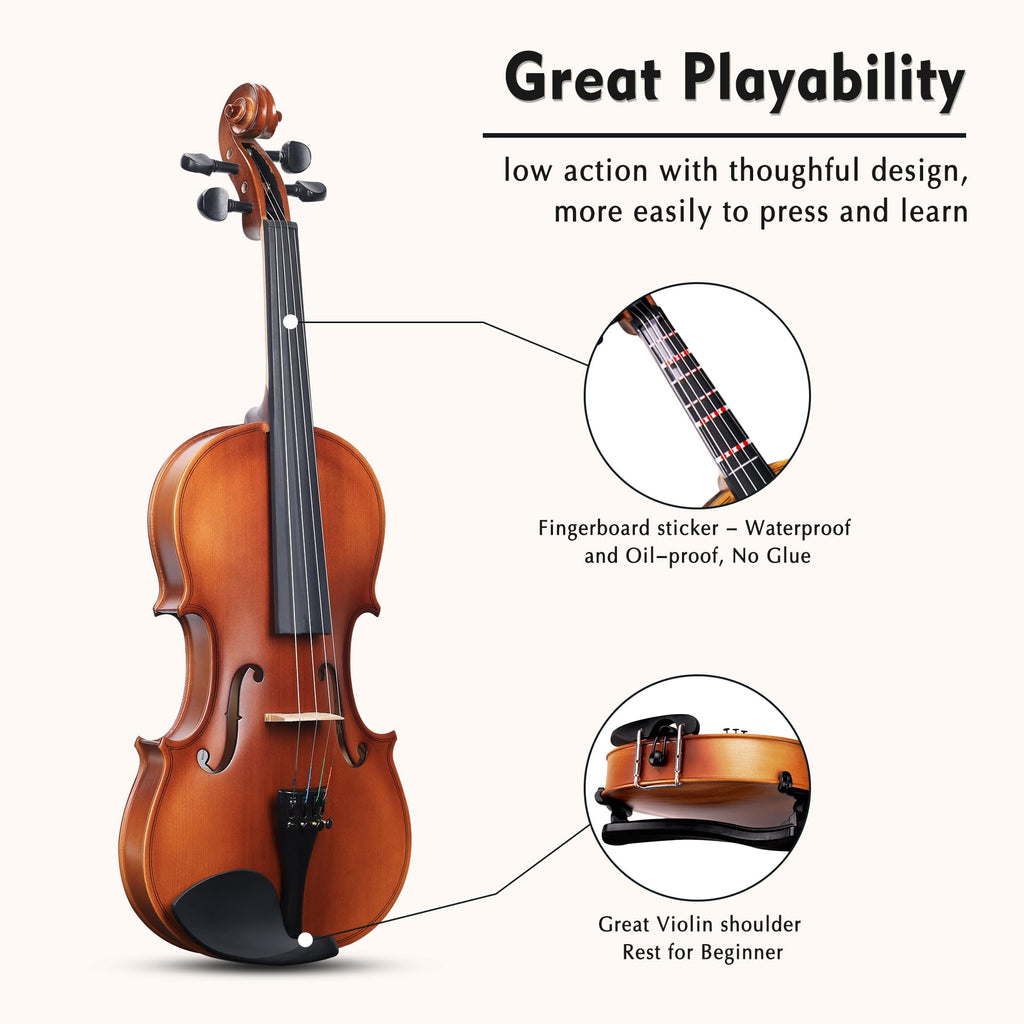ADM 1/4 Size Wood Violin Set for Kids Teens Students Adults Beginner Acoustic Violin Matte Fiddle Starter Kit with Hard Case, Rosin, Shoulder Rest, Bow, Clip-on Tuner and Fingerboard Sticker