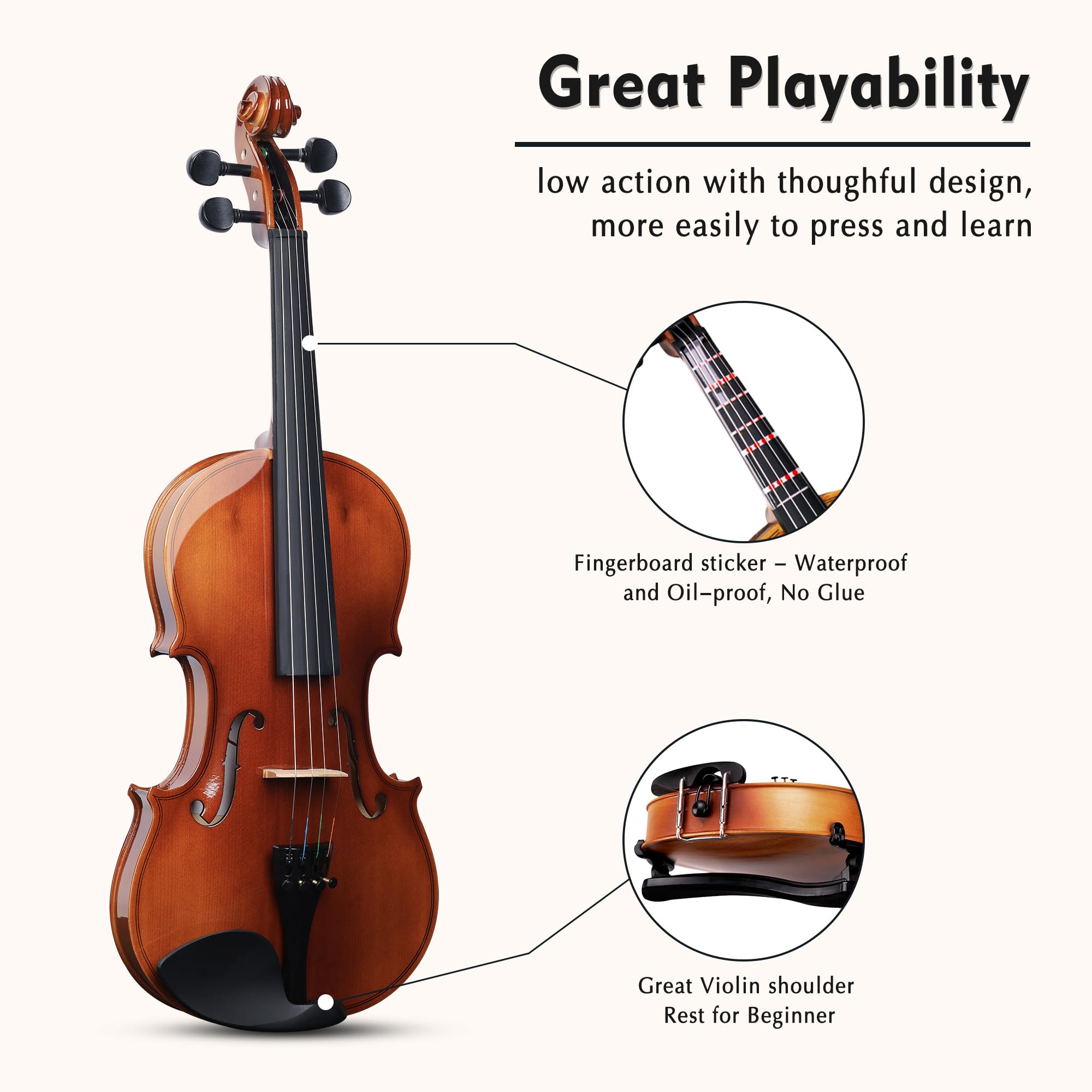 ADM 1/4 Size Wood Violin Set for Kids Teens Students Adults Beginner Acoustic Violin Matte Fiddle Starter Kit with Hard Case, Rosin, Shoulder Rest, Bow, Clip-on Tuner and Fingerboard Sticker