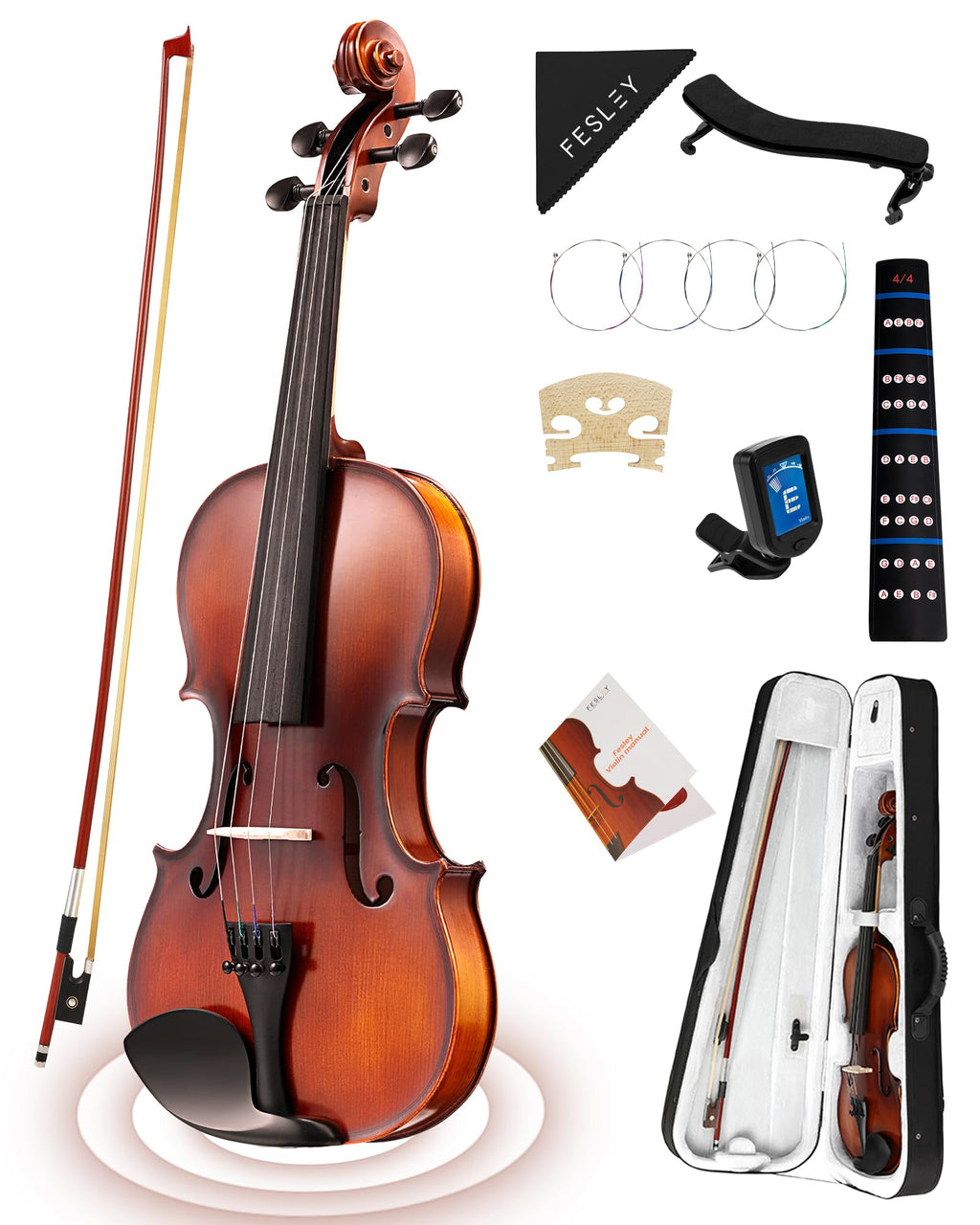 Fesley 4/4 Beginner Violin Kit for Adults & Teens, Full Size Acoustic Violin Set with Hard Case, Bow, Shoulder Rest, Digital Tuner & Extra Strings, Handmade Solid Wood Student Violin