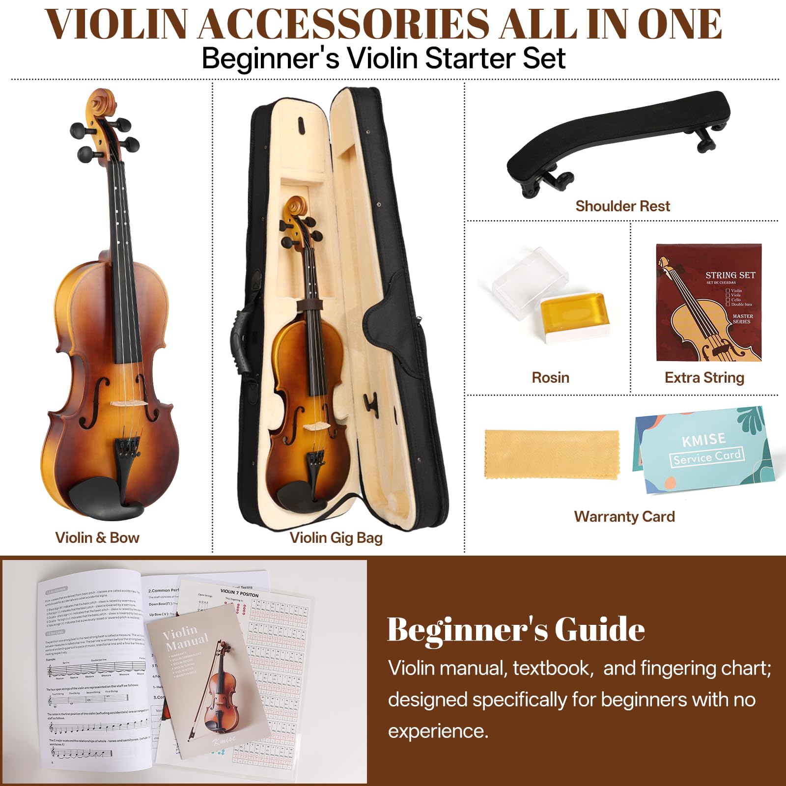 Kmise Violin 4/4 Full Set, Fingerboard Fret Markings Violins, Matte Acoustic Fiddle for Adults, Beginners, Students with Violin Case, Rosin, Strings, Bow, Shoulder Rest, Beginner's Guide (Matte, 4/4)
